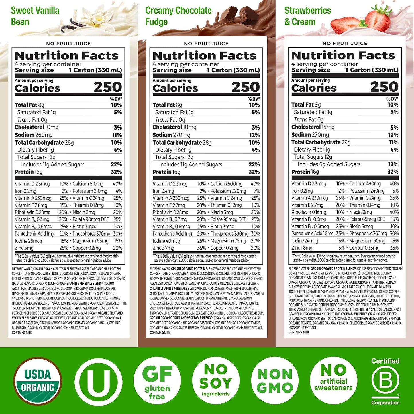 Orgain Organic Grass Fed Dairy 16g Protein Shake, Vanilla, 11oz, 12pk | Ready to drink grass-fed dairy protein, meal replacement, 20 vitamins & minerals, fruits & vegetables, non-GMO, gluten-free